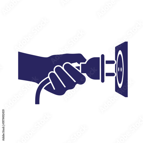 Dark blue silhouette of a human hand holding an electrical plug, inserting the prongs into a wall socket, isolated on a white background