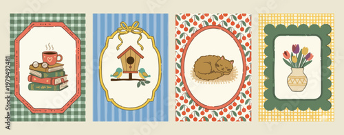 Decorative sleeping cat borders, birdhouse and nature frames, cute pet animal illustrations, garden wildlife border graphics, cozy home animal elements, nursery decor frame set, domestic cat and bird 