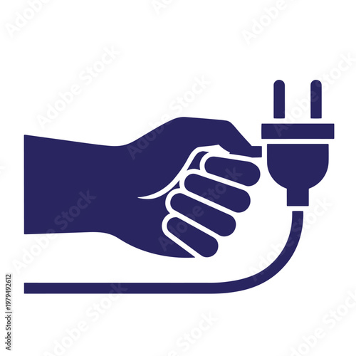 Dark blue silhouette of a human hand holding an electrical power plug with a cord, isolated on a white background, representing energy connection or disconnection