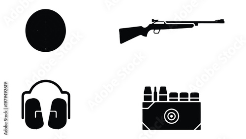 Shooting Range Essentials: This image showcases essential equipment for target practice, including a rifle, ear defenders, ammunition, and a target