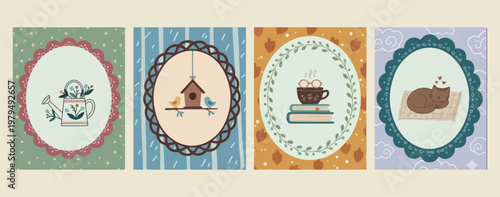 Cozy tea time frames, antique book border illustrations, hot beverage and reading graphics, vintage library frame elements, elegant tea cup icons, classic literature border set, study room decor symbo