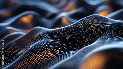 A close-up view of a futuristic mesh surface with wavy patterns and vibrant orange highlights