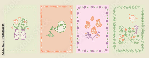 Garden watering can set, blooming flower pot illustrations, spring gardening tool graphics, floral nature grow icons, backyard hobby gardening elements, florist shop flower collection, outdoor plant c