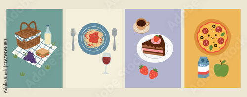 Delicious chocolate cake slice, gourmet coffee and dessert set, sweet bakery food illustrations, strawberry cake pastry graphics, cafe menu dessert icons, afternoon tea break elements, restaurant swee
