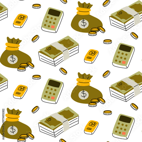 Flat illustration of a seamless pattern with financial icons. Bright business background with money bags, calculators, coins and banknotes for wallpaper, textile or web design. Business and finance
