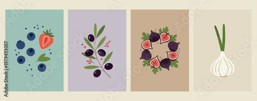Olive branch botanical set, purple fig wreath illustrations, Mediterranean greenery vector graphics, elegant nature branch icons, organic olive oil elements, spring floral wreath collection, rustic ga