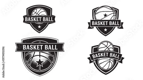 Basketball logo set with black and white vintage badges, banners, and star ball emblems for sports branding