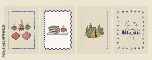 Cozy reading time book set, outdoor camping adventure card, forest tent and coffee illustration, hygge lifestyle reading graphics, weekend leisure camping icons, mountain cabin aesthetic cards, books 