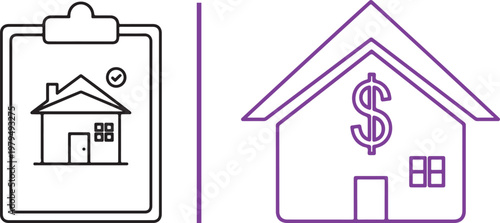 Real estate appraisal and home valuation vector line art icons for mortgage and property investment concepts