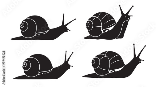 Snail shell icons set with black silhouettes and white outlines, showing crawling positions for nature themed branding