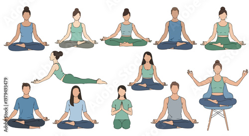 Yoga meditation vector set with 11 people in lotus pose, diverse men and women practicing mindfulness and zen exercises, flat illustration of yoga poses for wellness and health