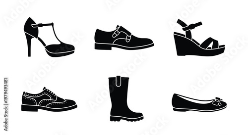 Black footwear silhouette icons set, 6 footwear vector elements including high heels and boots, formal and casual shoes collection for fashion retail