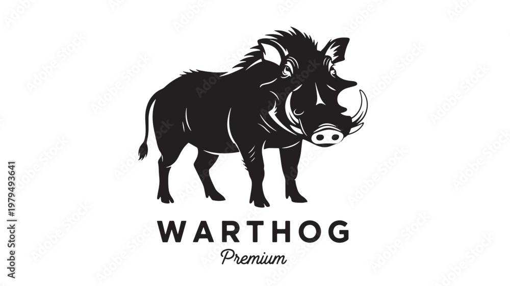 Fototapeta premium Warhog logo with black wild boar silhouette and premium text design for branding and t-shirt use featuring hog emblem, mascot, animal icon with badge
