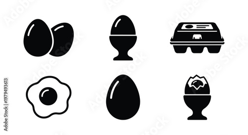 Minimalist egg icon set, black silhouette chicken eggs and fried egg symbols, 6 vector elements for breakfast menu and grocery packaging