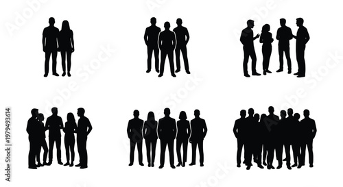 Business people silhouettes set, professional crowd and team groups vector, black human figures standing in diverse corporate formations