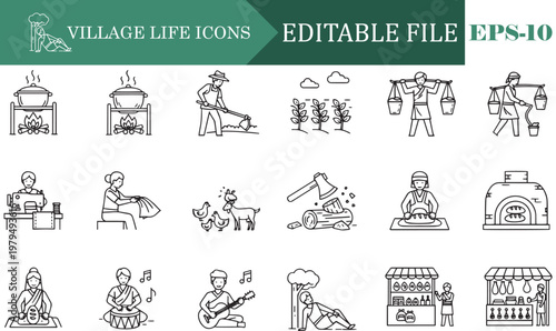 Village Life Icon Set Featuring Traditional Farming Cooking Livestock Crafting and Rural Market Scenes in Line Art Style