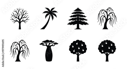 Minimalist tree silhouette icons, set of 8 black nature vector elements, botanical plant symbols including palm, pine, and baobab for landscape design