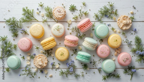 Assorted Colorful Macarons Decorated with Herbs and Flowers on a Rustic Wooden Surface