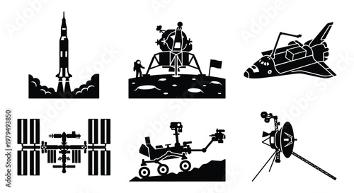 Space exploration vector icons set, black silhouette rocket launch and lunar lander, space shuttle and satellite station symbols for science education