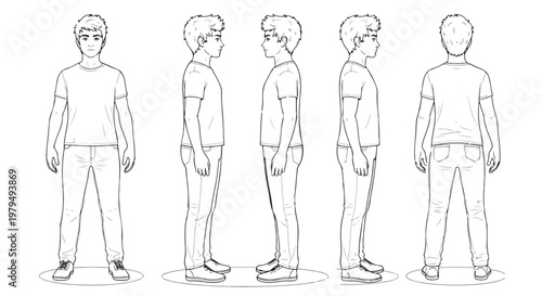 Anime character turnaround sheet of a young man in casual clothes, male character design reference with front side and back views, black and white line art vector illustration