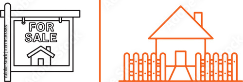 Real estate icons set featuring for sale sign and house with fence minimalist line art vector illustration for property marketing
