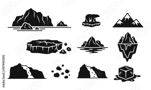 Set of Black Vector Icons: Arctic Ice, Icebergs, Mountains, and Polar Bear
