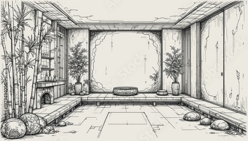 Elegant Minimalist Living Room Interior Design Sketch with Abundant Natural Light and Plants