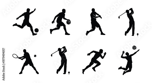 Athletic sports silhouettes set, collection of 8 black vector icons featuring soccer, basketball, golf, tennis, running, and volleyball players