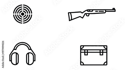 Shooting Elements Illustrated: Featuring a rifle, target, earmuffs, and a box, this stark, minimalistic illustration conveys the key elements of shooting sports, emphasizing precision and readiness.