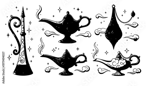 Ornate genie lamp vintage fantasy magic vector illustration set