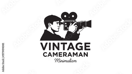 Cameraman vintage logo with minimalist illustration of photographer holding a film camera and filming scene