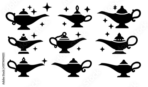 Genie lamp silhouette icon magic wish fantasy vector set