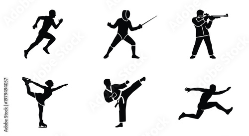 Athletic sports silhouettes set, 6 black vector icons of athletes in action, professional competition and fitness training figures on white background