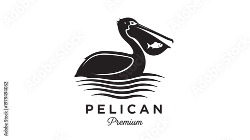 Pelican logo design with black bird silhouette, beak detail, ocean waves, and premium wordmark on white background