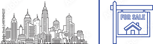 Urban city skyline and real estate for sale sign vector illustration for housing market and property investment concepts