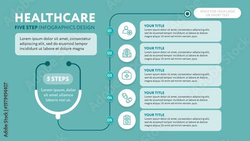 Medical business presentation slide template with stethoscope 5 steps checklist - modern minimalist design with line icons in flat style - teal green background