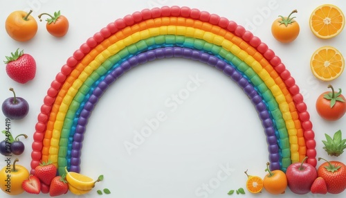 Colorful Rainbow Composition Made of Fresh Fruits on a White Background with a Playful Atmosphere