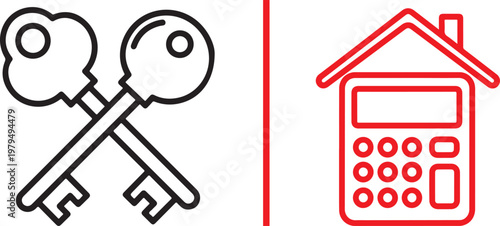 Real estate finance vector icons featuring crossed keys and a house mortgage calculator for property investment concepts