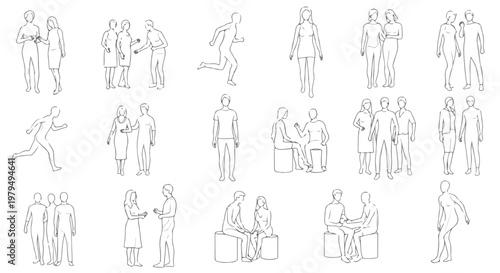 Minimalist architectural people silhouettes, set of 15 vector line drawings of human figures in various poses, black and white outline people for scale and floor plans