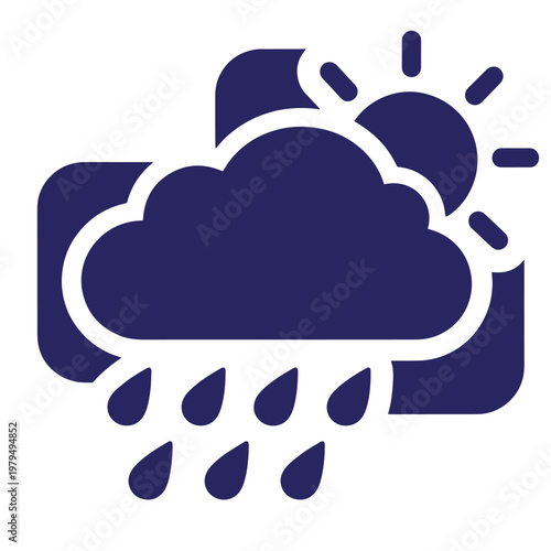 Dark blue cloud with rain and sun on a white background, weather dark blue