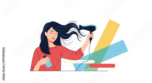 Young woman drying her long dark hair with electric hairdryer while holding cosmetic product for heat protection and style.
