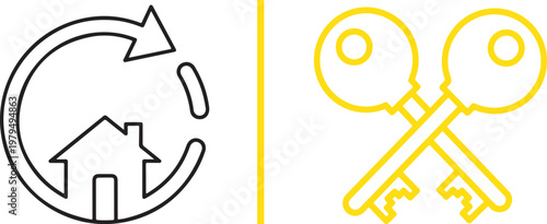 Real estate icons set featuring house with circular arrow and crossed keys in flat line art vector style for property management and home sales