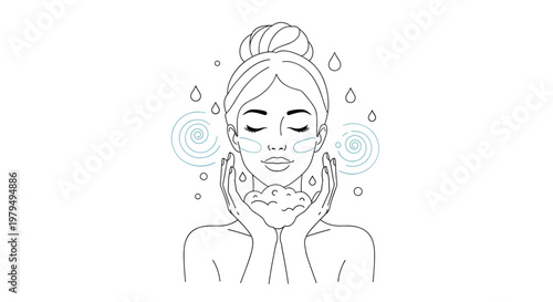 Line art illustration of woman washing her face with cleansing foam and water drops for morning and night skincare routine.