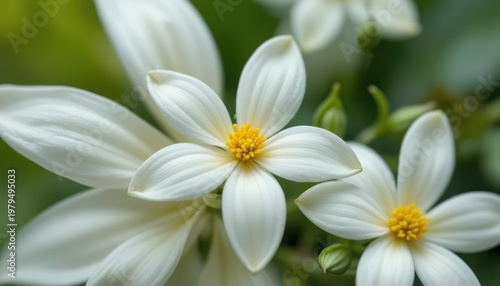 Delicate White Flowers with Yellow Center Blooming in Natural Green Garden Environment