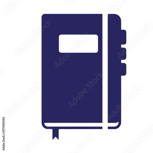 Dark blue flat of a closed notebook with a rectangular label, elastic closure strap, and three side index tabs, isolated on a white background