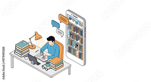 Student studying at desk with books while using smartphone for digital library access and online learning resource search.