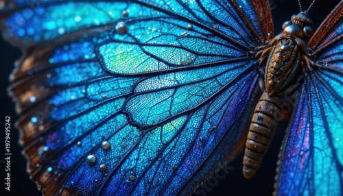 Close-Up of a Blue Butterfly Showcasing Iridescent Wings and Intricate Textures in Nature