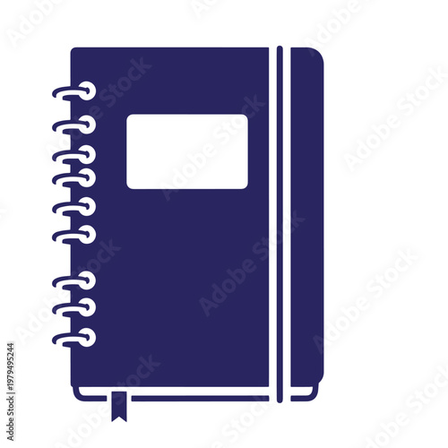 Dark blue flat of a spiral-bound notebook with a rectangular label, elastic closure band, and a small bookmark ribbon at the bottom edge