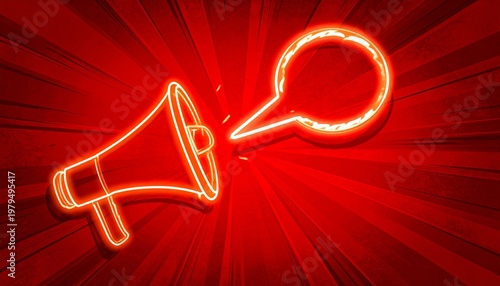 Bright red neon megaphone with speech bubble text “EERTLOR PUSRHY” on dark background, symbolic visualization of communication and expression.