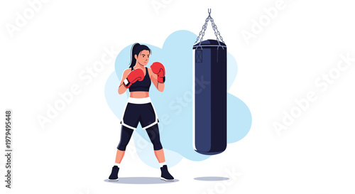 Young woman boxer training with heavy punching bag in gym for fitness and strength development during athletic workout session.